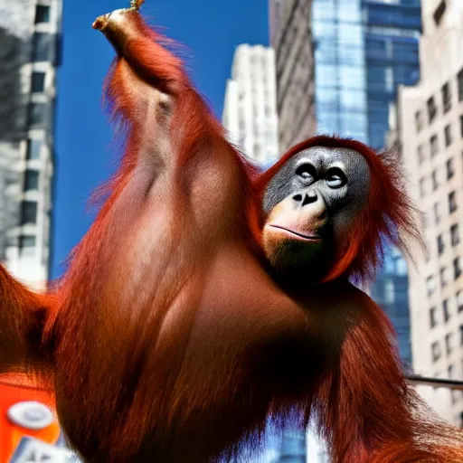 Image similar to a picture of a orangutan swinging in nyc times square, photorealistic