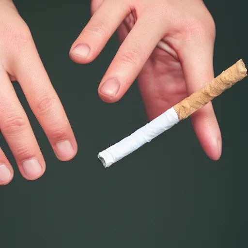 Image similar to a normal right female hand with five fingers and ring hold joint, a cigarette between the middle and index fingers, a cigarette, smoke