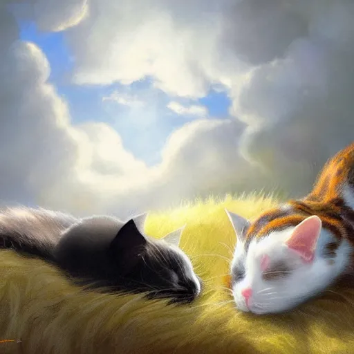 Image similar to a fat black and white male cat and a slim tortoiseshell female cat sleeping peacefully together in cat heaven, dreamy puffy clouds, painted by Tyler Edlin