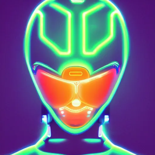 Image similar to a portrait of futuristic robot posed in front of a neon background, digital art in the style of greg rutkowksi trending on artstation