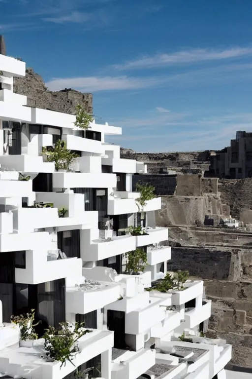 Image similar to habitat 6 7, white lego terraced architecture hotel in the dessert, many plants and infinite pool