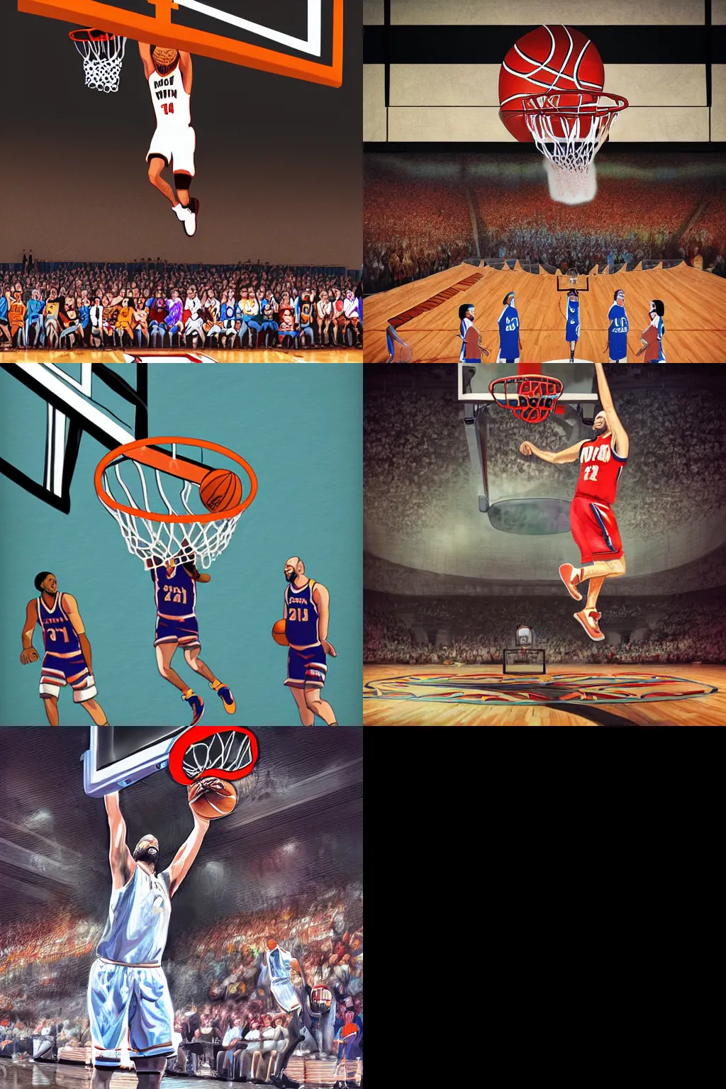 Prompt: Michael Vsauce dunks a basketball with a cheering crowd, digital art, wide view