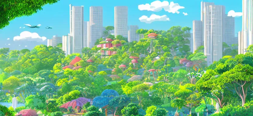 Prompt: utopian city in perfect harmony with nature, clean energy and food abundance, beautifully landscaped and tropical a digital illustration by studio ghibli