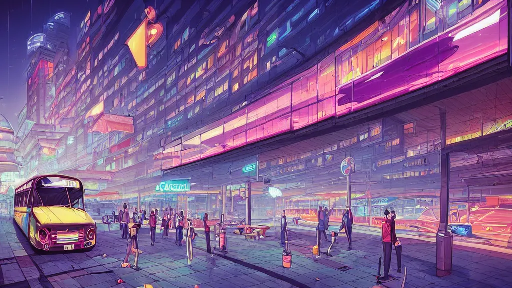 Prompt: bus terminal in the the city at night by cyril rolando and naomi okubo and dan mumford. flying cars. advertisements. neon.
