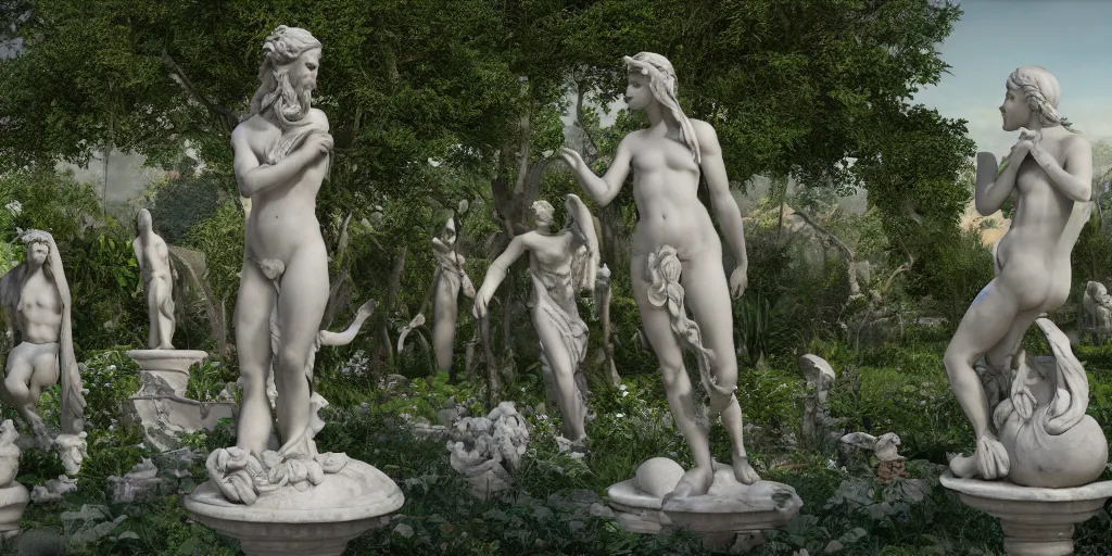 Image similar to Garden Utopia, surrealism, outside, high detailed beautiful Greek marble statues, mind puzzles, intricate artwork by caravaggio. Trending on artstation, octane render, cinematic lighting from the right, hyper realism, octane render, 8k, depth of field, 3D