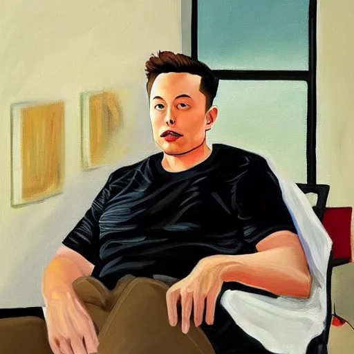 Image similar to a beautiful complex painting of elon musk sitting down and using his phone the back home is a window of the outside