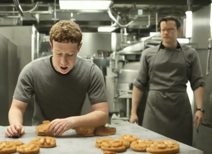 Image similar to film still of mark zuckerberg as agent smith working in a bakery in the new matrix movie, 4 k