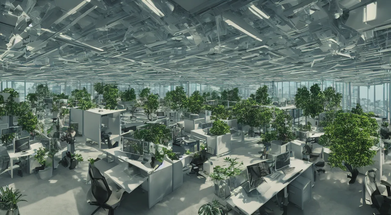 Image similar to futuristic office with trees and plants, glowing computer screens, bright with large windows and voluminous light and light rays, extremely intricate, very detailed, artstation, octane render, warm colored furniture and highlights, cinematic lighting