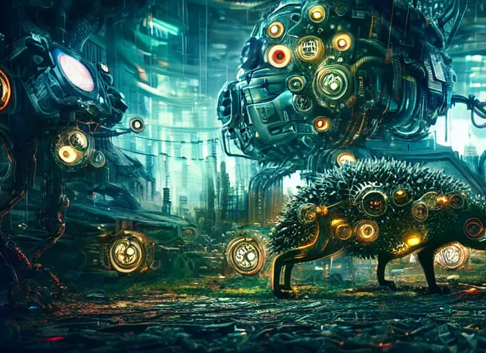 Image similar to giant intricate mechanical hedgehog with cybernetic enhancements and visible gears, on the background of a weird magical mechanical forest. Very detailed 8k. Fantasy cyberpunk horror. Sharp. Cinematic post-processing. Unreal engine. Nanite. Ray tracing. Parallax. Tessellation