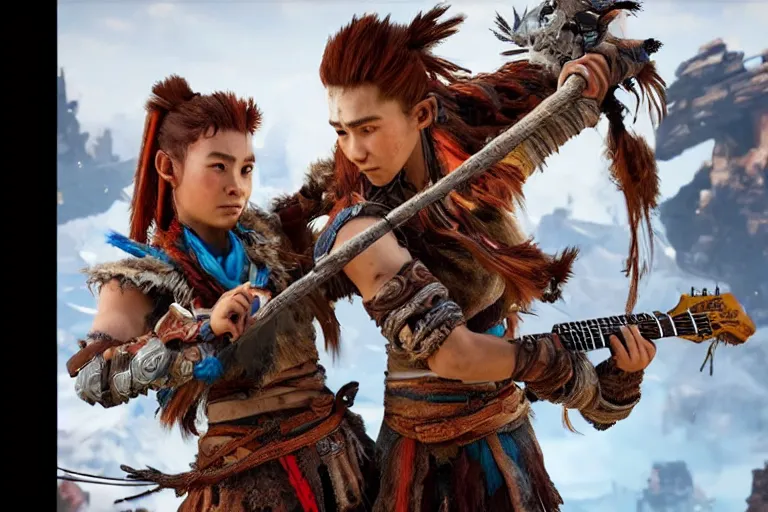 Image similar to aloy from the horizon zero dawn videogame playing the guitar with kratos from the god of war videogame