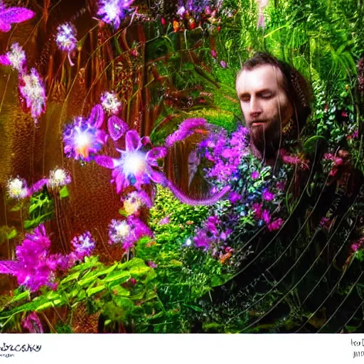 Prompt: an man, stern face, clear eyes, shining armour made of steel and flowers, and fractal flowery hair in a fractal garden, glowing delicate flower and ferns that grow in a dark fatansy forest on the planet pandora,