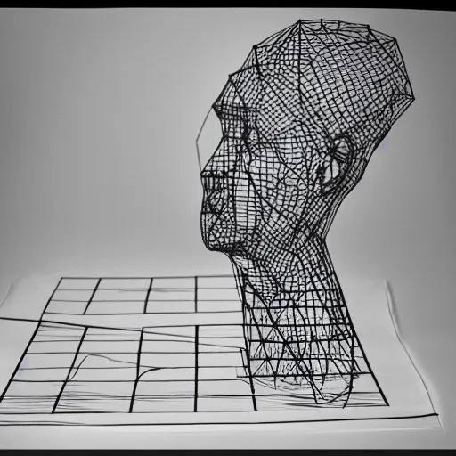 Image similar to Marcel Duchamp working on a low poly wireframe mesh model chess piece