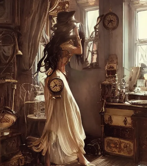 Image similar to woman model, steampunk clothes, neutral colors, in a bedroom!!!!!!!!!!!!!!!!!!!!, elegant, highly detailed, digital painting, artstation, concept art, smooth, sharp focus, illustration, art by krenz cushart and artem demura and alphonse mucha