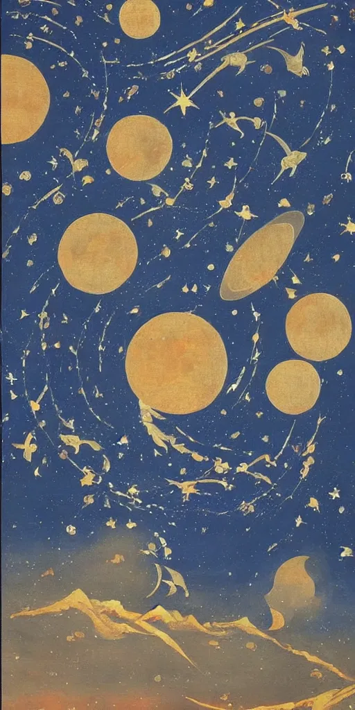Prompt: traditional east asian painting of space, beautiful stars