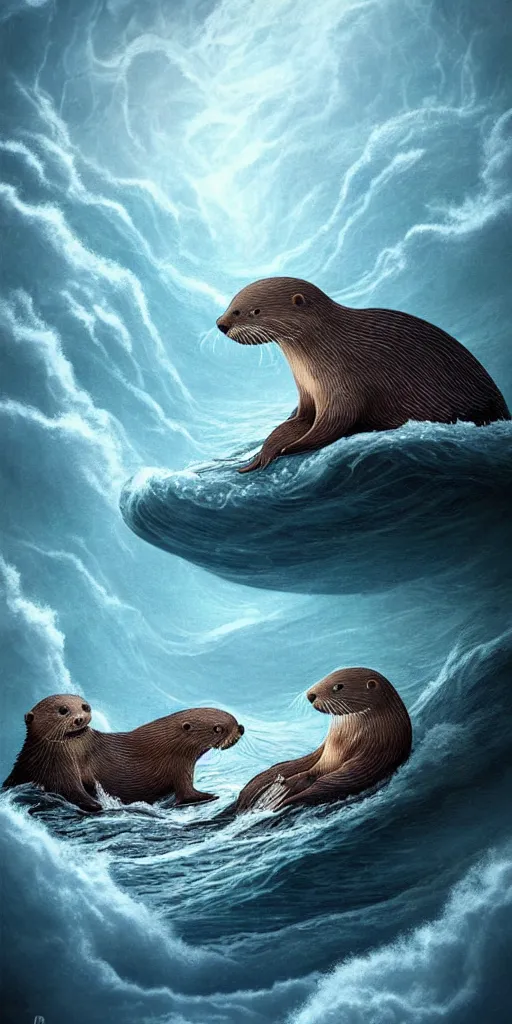 Image similar to An adorable otter saving his sleeping wife from the whirlpool, in love, holding hands side by side, in the middle of a super scary storm at sea, thunder, lightning, waves, fantasy illustration, cinematic, award winning, romantic, detailed trending on artstation, masterpiece