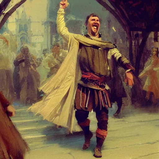 Prompt: an elated medieval chancellor, dancing a jig, character portrait by greg rutkowski, gaston bussiere, craig mullins