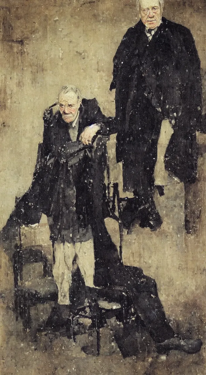 Prompt: full body portrait of an old stooped manservant old servitor with floor length black coat, painting by james guthrie, oil on canvas, wet - on - wet technique, realistic, expressive emotions, intricate textures, illusionistic detail