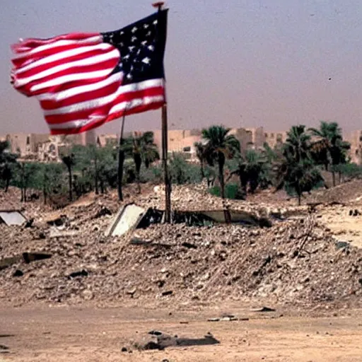 Image similar to iraq in 2 0 0 3 being destroyed by rockets, american flag somewhere »