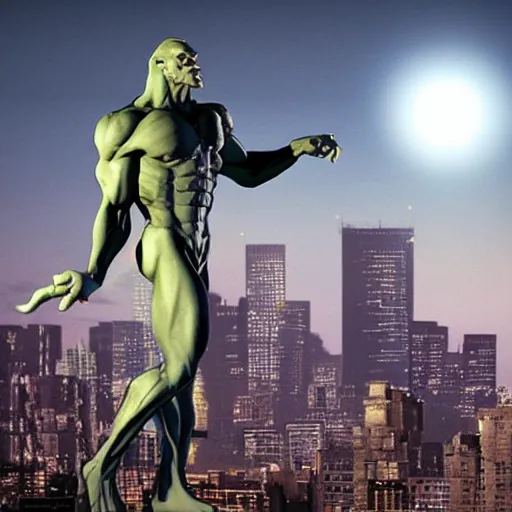 Image similar to a still from the live action film based on the 9 0 s series gargoyles, featuring the hero goliath, posed on top of a building at night, urban, full moon, skyline, new york city, highly detailed, live action cg render