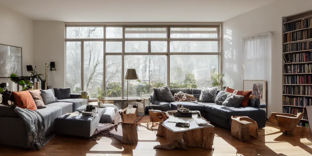 Prompt: Extremely detailed wide angle photograph, atmospheric, light bloom, sunlight shining through windows, trees outside, reflections, award winning contemporary interior design living room, city apartment, cozy and calm, fabrics and textiles, alex grey design, machine elves, dmt, brass, copper, secluded, many light sources, lamps, oiled hardwood floors, book shelf, small library, couch, desk, balcony door,