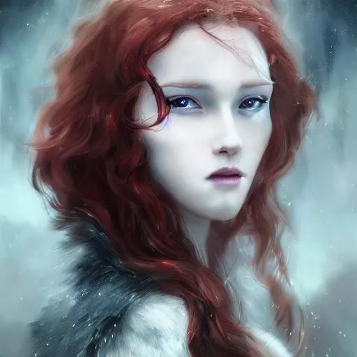 Image similar to a portrait of a ice queen with long dark curly red hair, stoic, pale skin, alone, white eyes, dramatic, epic painting, painting by wlop, nixeu and sakimichan, cgsociety, roses, wolf, crows beautiful, artbreeder, artstation, octane render, sharpness, 8 k, golden ratio