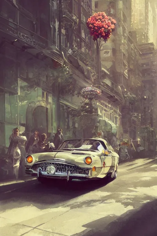 Prompt: ultra realistic illustration, old vintage car in the city with flowers blooming out the window, elegant, highly detailed, digital painting, concept art, smooth, sharp focus, illustration, art by greg rutkowski