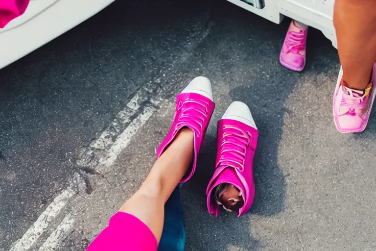 Image similar to First person view of someone laying in an ambulance with ripped jeans and pink shoes