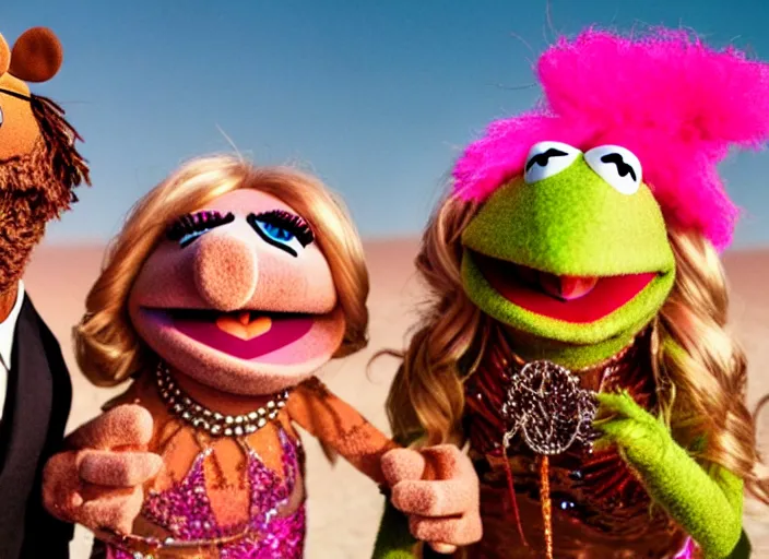 Prompt: The Muppets partying at Burning Man, cinematic