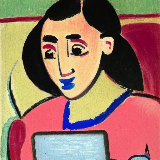 Image similar to close - up of a frustrated young woman coding on her laptop, by matisse 1 9 4 5. early morning, hot coffee