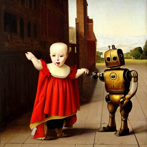 Image similar to an old painting of a robot from 1 8 5 0 raising a young little human child by jan van eyck, holding hands, ancient environment, aesthetic, 8 k, realistic painting, 4 k, trending on artstation, very detailed, photorealistic lighting