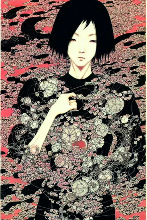 Image similar to japan cyberpunk girl, nice long black leather, detailed acrylic, grunge, intricate complexity, by takato yamamoto and by gediminas pranckevicius, joan mitchell