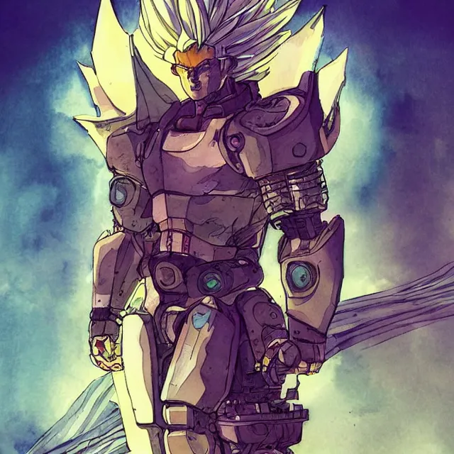 Prompt: a watercolor painting full body character portrait of a cyborg super saiyan knight with a broken halo floating over their head in the style of cyberpunk in the style of moebius trending on artstation deviantart pinterest detailed realistic hd 8 k high resolution