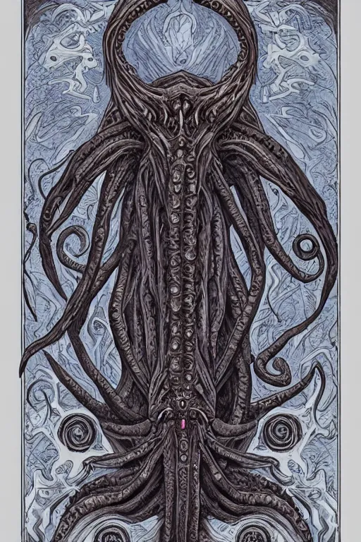 Image similar to ancient eldritch horror cthulhu, mind flayer, illithid, concept art, digital art, tarot card, highly detailed, ornate border, in the style of dungeons and dragons