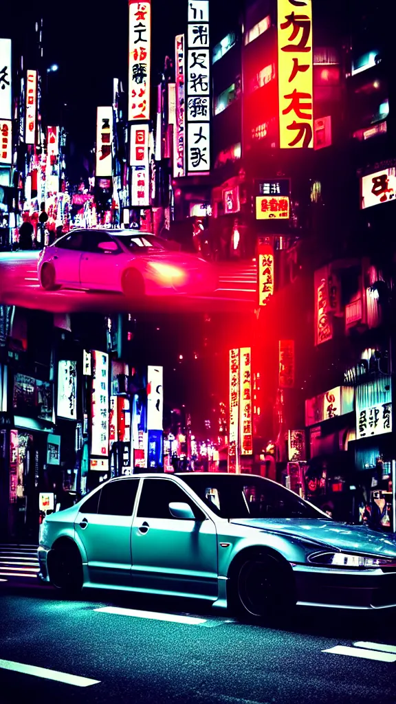 Prompt: a car yakuza spec JZS160 in middle of road, shibuya prefecture, city midnight neon lights, cinematic color, photorealistic, highly detailed