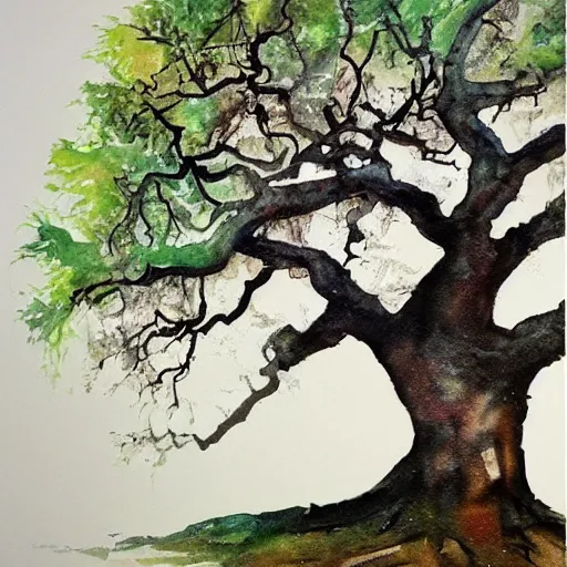 Image similar to an old oak, from root to leaves, trending on artstation, water color on canvas