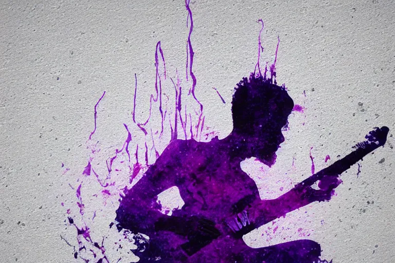 Prompt: dripping purple faded paint across the shape of a human playing guitar, realistic, extremely detailed, coming out of a white mystical background