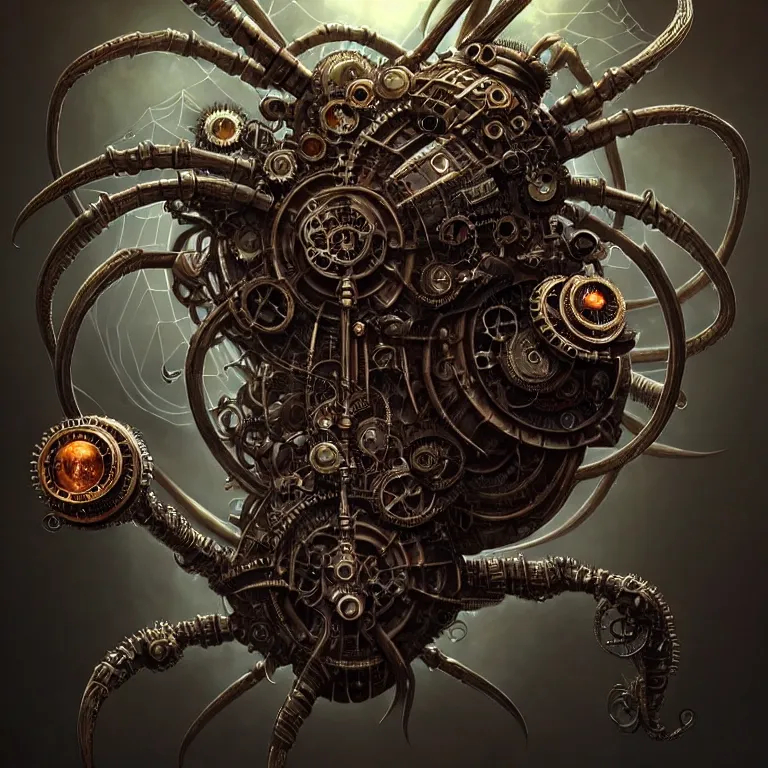 Prompt: steampunk spider, biomechanical, very coherent symmetrical artwork, cinematic, 3 d model, unreal engine realistic render, 8 k, micro detail, intricate, elegant, highly detailed, centered, digital painting, smooth, sharp focus, illustration, artgerm, tomasz alen kopera, by wlop