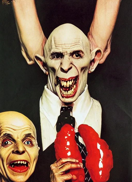 Prompt: upper body portrait of nosferatu in a suit, in the background a candy store, sunny day, by norman rockwell