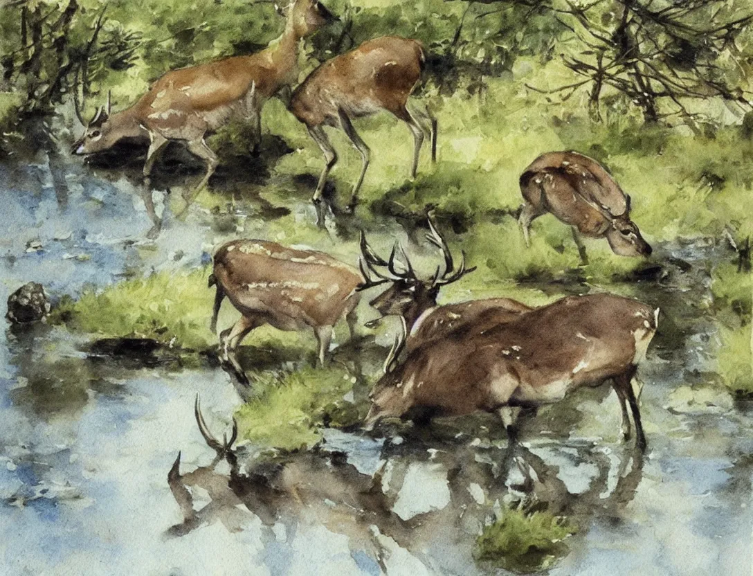 Image similar to watercolor by anders zorn, deer drinking water by pond, realistic nature art