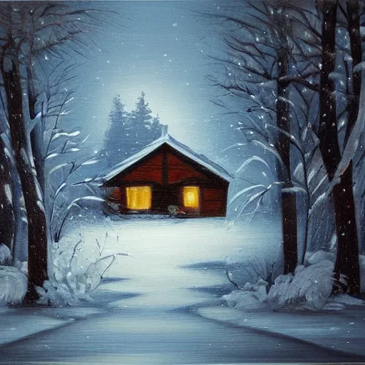 Prompt: snowy forest night scene icy cottage surrounded by the woods with one illuminated window, dark contrast oil painting