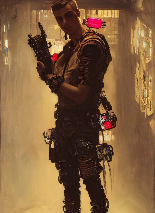 Image similar to crazy eddie. cyberpunk clown wearing a military vest and combat gear. (Cyberpunk 2077, bladerunner 2049). Iranian orientalist portrait by john william waterhouse and Edwin Longsden Long and Theodore Ralli and Nasreddine Dinet, oil on canvas. Cinematic, hyper realism, realistic proportions, dramatic lighting, high detail 4k