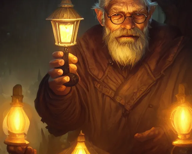 Image similar to oldman with a lantern at night time, werewolf behind him, deep focus, d & d, fantasy, intricate, elegant, highly detailed, digital painting, artstation, concept art, matte, sharp focus, illustration, hearthstone, art by artgerm and greg rutkowski and alphonse mucha