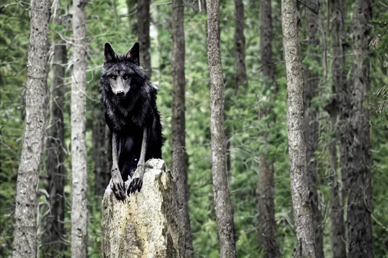 Prompt: ! human wolf crow werecreature, photograph captured at woodland creek