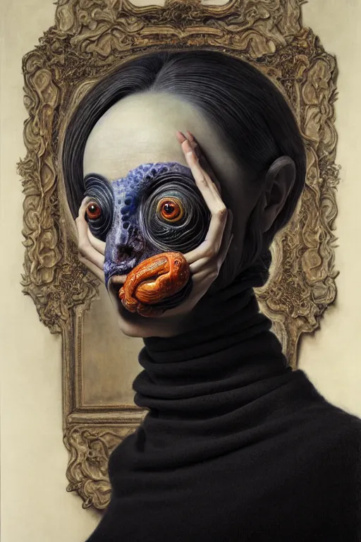 Prompt: a strange surrealist, biomorphic, portrait of a woman with large eyes wearing a black turtleneck, by dali, marco mazzoni, james jean and rachel ruysch, emotionally evoking, looming, head in focus, arcimboldo, volumetric lighting, masterpiece