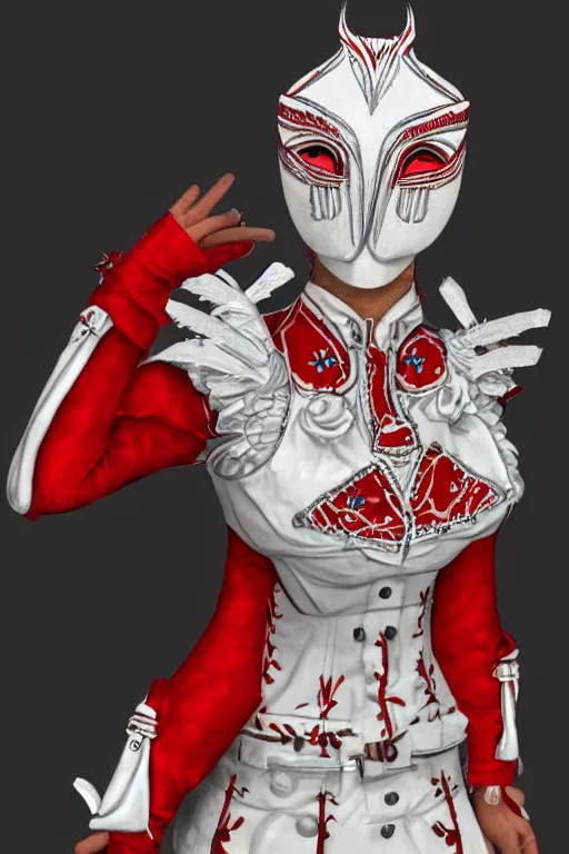 Image similar to female adventurer in tight full - body white embroidered leather armor of vyshyvanka design with red accents and a red porcelain crow mask, trending in artstation, ukrainian, artstation, big moon in the background, establishing shot