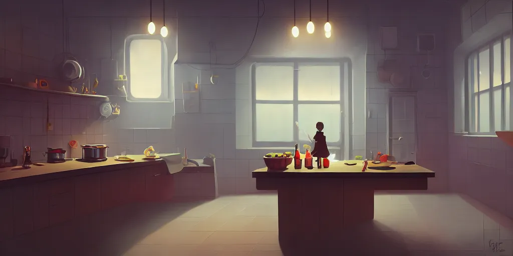 Image similar to minimalistic kitchen dim lit by a candle simon stalenhag gerald brom bastien grivet, fisheye camera, extreme perspective