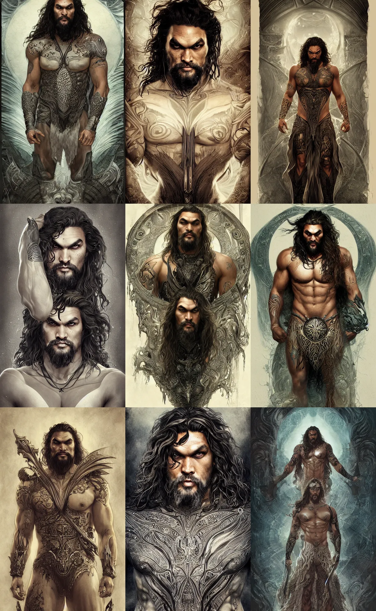 Prompt: jason momoa, front view, symetrical, neutral background, intricate, sharp focus, illustration, aleksi briclot, rossbach, anna dittmann, rutkowski, mucha