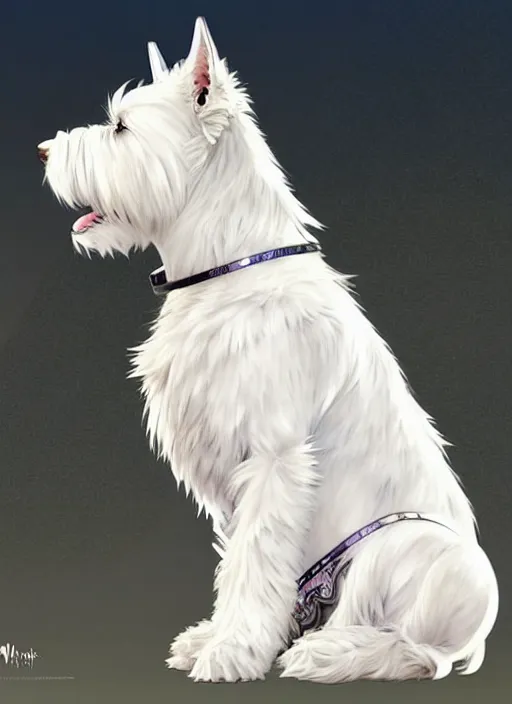 Image similar to a west highland white terrier sitting politely, facing the camera, anime art style, wearing futuristic, led - lit armor, and a cannon mounted on his back, portrait, high detail, sharp focus, digital painting, artstation, concept art, art by hayao miyazaki and artgerm and greg rutkowski and alphonse mucha.