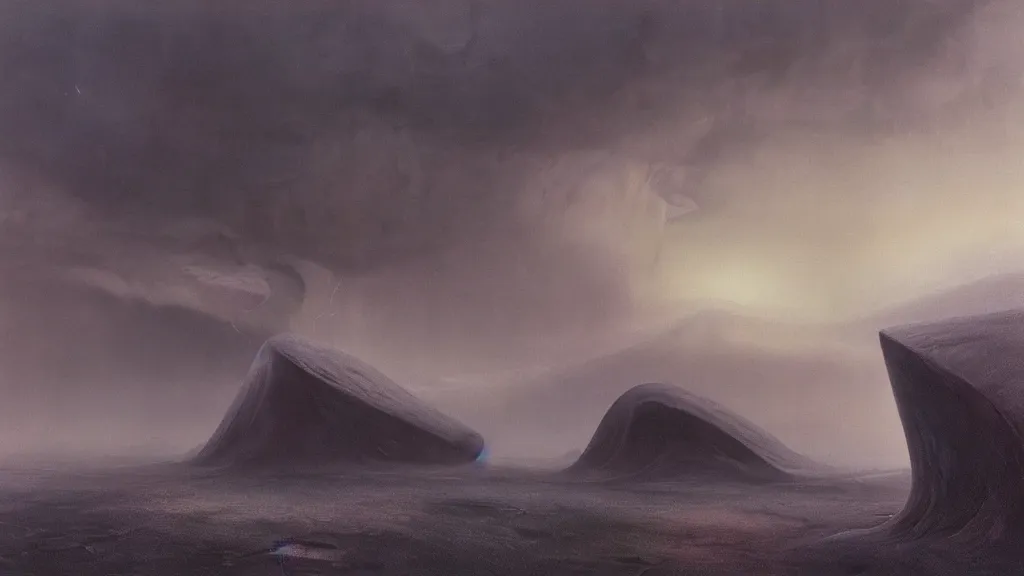 Image similar to otherworldly atmosphere of an alien planet by arthur haas and bruce pennington and john schoenherr, cinematic matte painting, zaha hadid building, 8 k realistic, stormy rainfall, dark moody colors