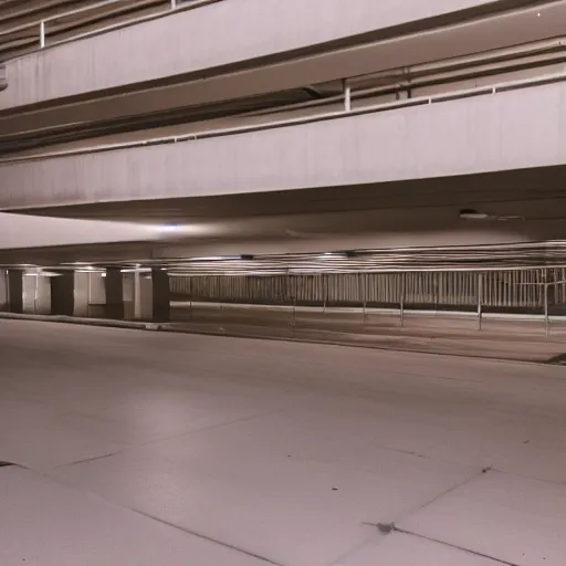 Prompt: a bipedal skunk in an empty parking structure at night, 28mm lens,